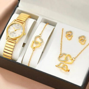 The Eclat Newyork's 6PCS Women's Gold Watch and Heart Jewellery Set comes with a bracelet, pendant necklace, earrings, ring, and gold-tone watch.