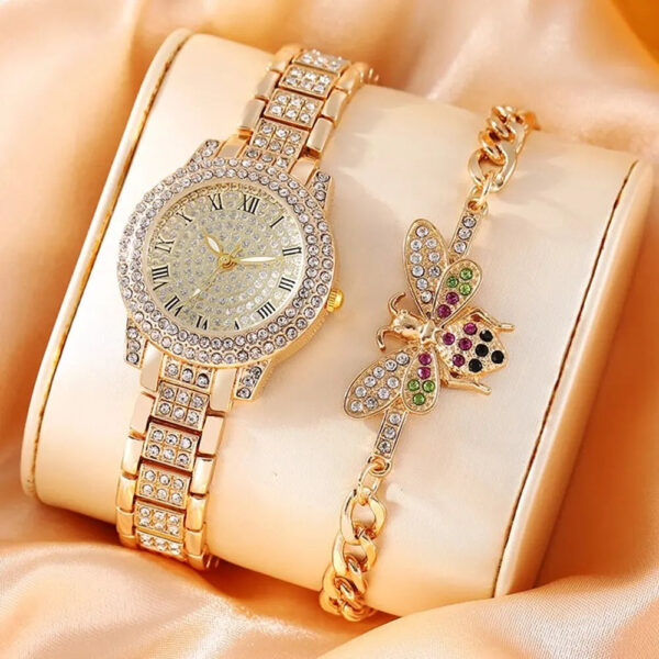 The beautiful Eclat Newyork's Women's Gold Watch and Bracelet Set includes a vibrant butterfly bracelet with a gold-tone watch with rhinestones. Ideal as a unique gift or for any occasion.