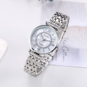 Eclat Newyork Women's Casual Watch with alloy steel strap, diamond-embedded design, and simple Roman numeral face.