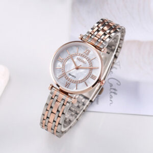 Eclat Newyork Women's Casual Watch with alloy steel strap, diamond-embedded design, and simple Roman numeral face.