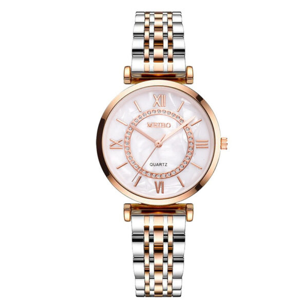 Eclat Newyork Women's Casual Watch with alloy steel strap, diamond-embedded design, and simple Roman numeral face.